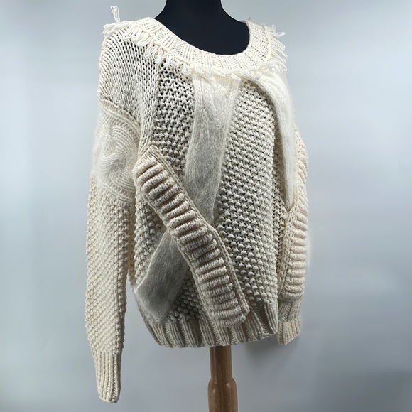 Nine West cream wool blend chunky knit sweater boho fringe sweater sz lg - Picture 10 of 12